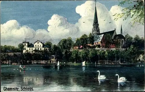 Künstler Ak Chemnitz Sachsen, Wasserpartie am Schloss