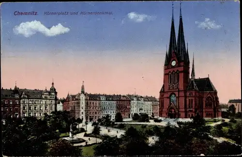 Ak Chemnitz in Sachsen, Körnerplatz und Körnerdenkmal, Kirche