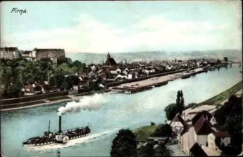 Ak Pirna an der Elbe, Panorama, Dampfschiff