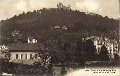 Ak Glion Kanton Waadt, Eglise Catholique, Hotel Victoria et Caux