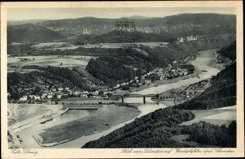 Ak Bad Schandau an der Elbe, Lilienstein, Blick auf Schandau und Wendischfähre