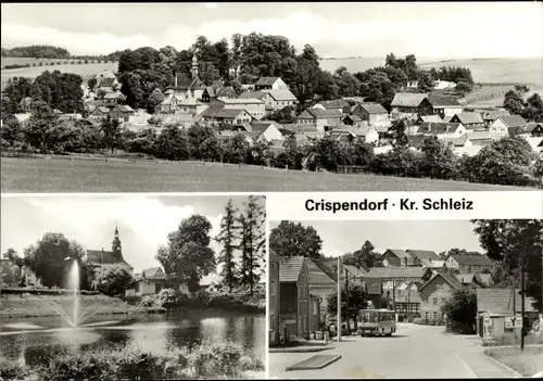 Ak Crispendorf Schleiz im Vogtland Thüringen, Gesamtansicht, Straßenpartie, Bus