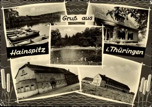 Ak Hainspitz in Thüringen, Teilansichten, Gasthaus, Bootsanlegestelle, Freibad