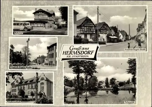 Ak Hermsdorf in Thüringen, Bahnhof, Bus, Friedrich Engels Straße, Friedensschule