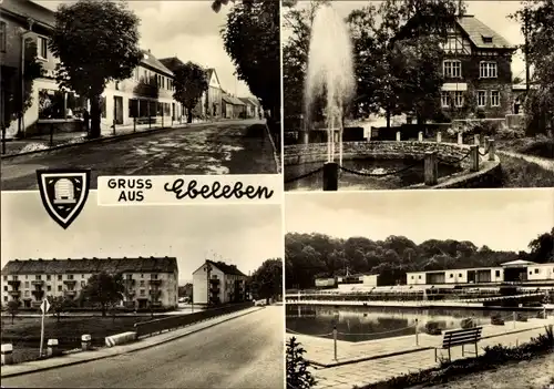 Ak Ebeleben Thüringen, Goethestraße, Markt, Rathaus, Thomas Müntzer Siedlung, Schwimmstadion, Wappen