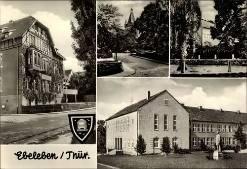 Ak Ebeleben Thüringen, Rathaus, Hauptstraße, Städt. Anlagen, Polytechnische Oberschule, Wappen