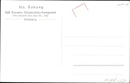 Ak Frachtschiff MS Sabang, Svenska Ostasiatiska Komp.