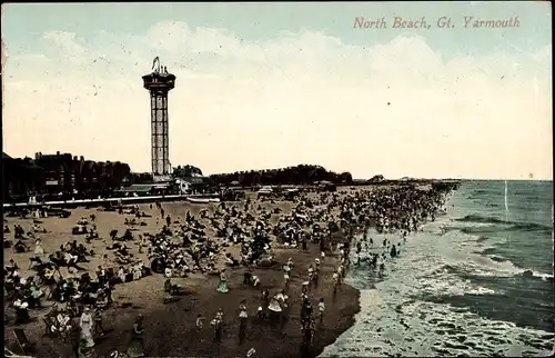 Ak Great Yarmouth Norfolk England, North Beach, Turm, Strandleben