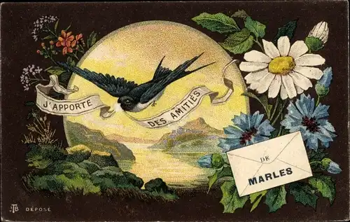 Ak Marles Pas de Calais, Schwalbe, Blumen