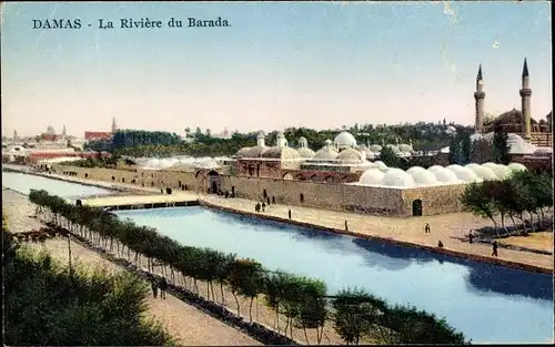 Ak Damas Damaskus Syrien, La Riviere du Barada, Flusspartie, Moschee