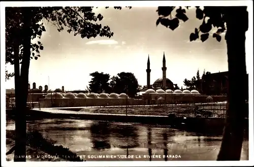 Ak Damas Damaskus Syrien, Mosquee Tekieh et Solimanieh vue de la Rinere Barada