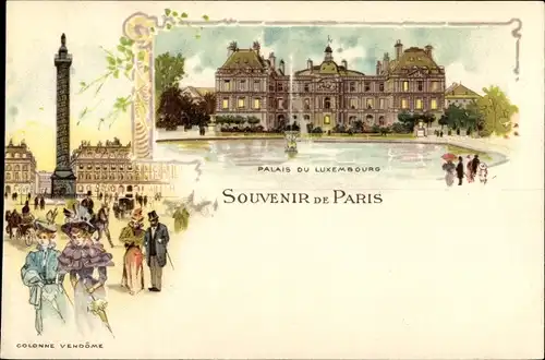 Litho Paris VI Luxemburg, Palais du Luxembourg, Säule Vendome