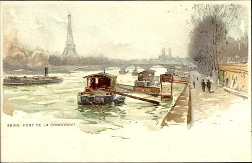 Litho Paris, Seine, Pont de la Concorde, Eiffelturm