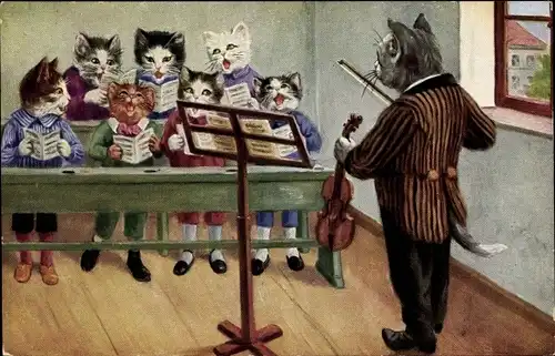 Künstler Ak Vermenschlichte Katzen beim Musikunterricht, Chor