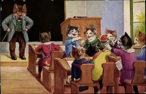 Ak Vermenschlichte Katzen in der Schule, Ball
