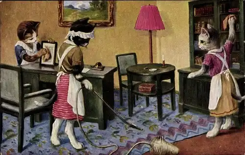 Ak Vermenschlichte Katzen beim Putzen, Staubsauger, Dienstmädchen