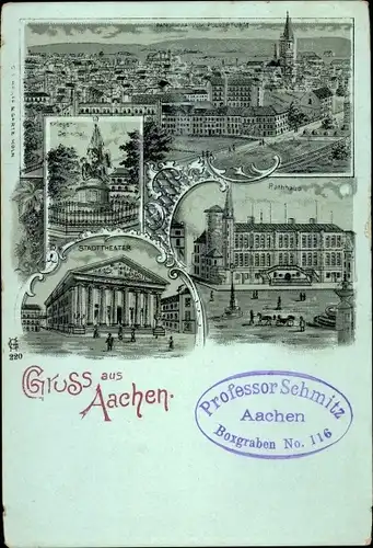 Mondschein Litho Aachen in Nordrhein Westfalen, Stadttheater, Kriegerdenkmal, Rathaus