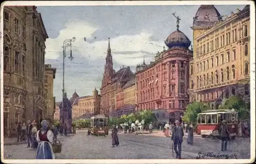 Künstler Ak Budapest Ungarn, Elisabeth Ring, Straßenbahn