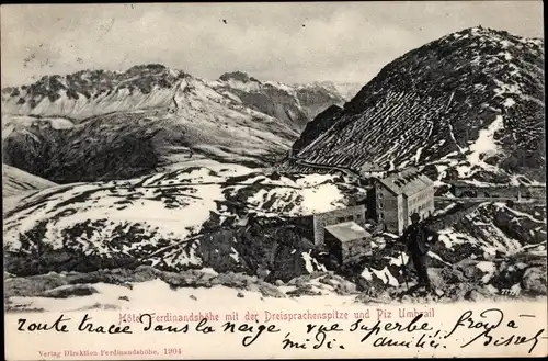 Ak Kanton Graubünden Schweiz, Hotel Ferdinandshöhe mit der Dreisprachenspitze