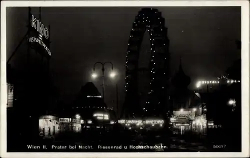 Ak Wien 2 Leopoldstadt, Prater bei Nacht, Riesenrad und Hochschaubahn, Kino