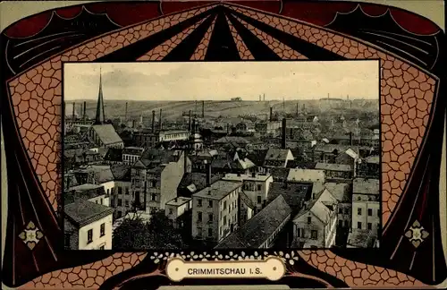 Passepartout Jugendstil Ak Crimmitschau in Sachsen, Totalansicht der Ortschaft