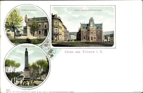 Ak Treuen im Vogtland, Bismarck Denkmal, Post, Königstraße, Kriegerdenkmal