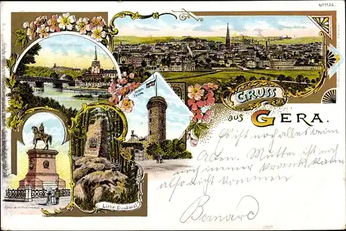 Litho Gera in Thüringen, Schloss Osterstein, Liebedenkmal, Panorama, Turm