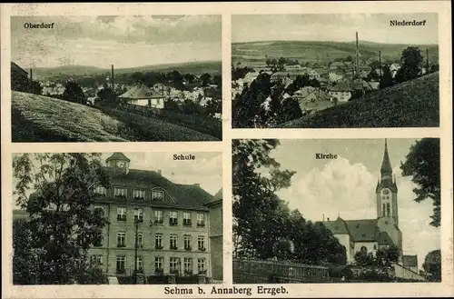 Ak Sehma Sehmatal im Erzgebirge, Oberdorf, Niederdorf, Schule, Kirche