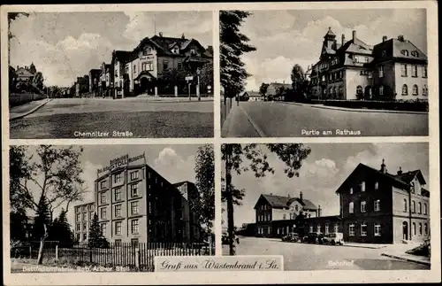 Ak Wüstenbrand Hohenstein Ernstthal Sachsen, Chemnitzer Straße, Rathaus, Bettfedernfabrik, Bahnhof