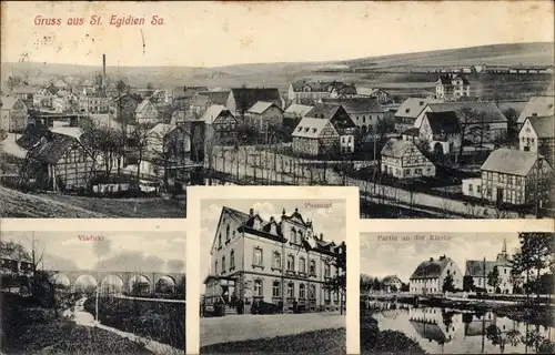 Ak Sankt Egidien in Sachsen, Panorama, Viadukt, Postamt, bei der Kirche