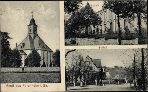 Ak Forchheim Pockau im Erzgebirge, Kirche, Schule, Schloss