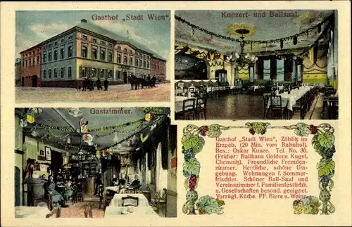 Ak Zöblitz Marienberg im Erzgebirge, Gasthof Stadt Wien, Saal, Gastzimmer