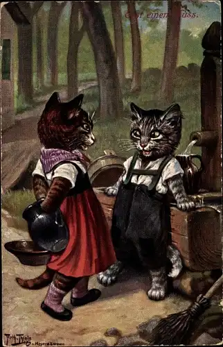 Künstler Ak Thiele, Arthur, Erst einen Kuss, vermenschlichte Katzen