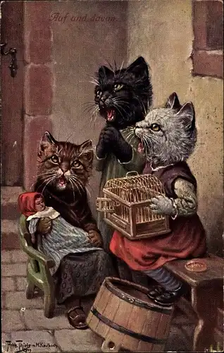 Künstler Ak Thiele, Arthur, Auf und davon, vermenschlichte Katzen, leerer Vogelkäfig, Puppe