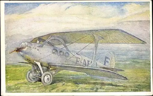 Künstler Ak Doppeldecker, Flugpost