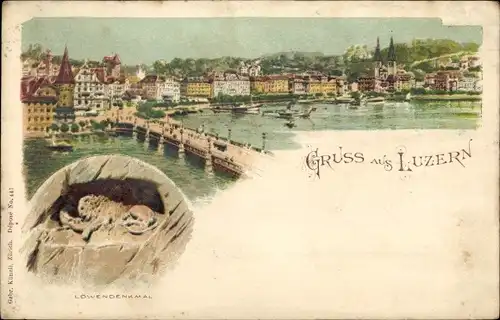 Litho Luzern Stadt Schweiz, Totalansicht vom Ort, Brücke, Löwendenkmal