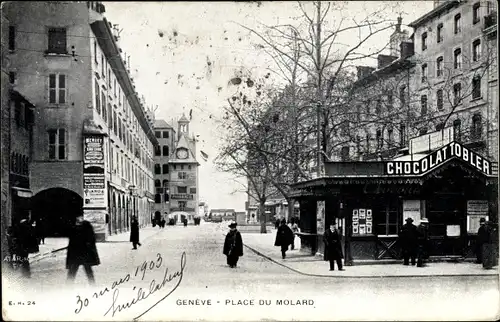 Ak Genève Genf Stadt, Place du Molard, piétons, Chocolat Tobler, Pharmacie
