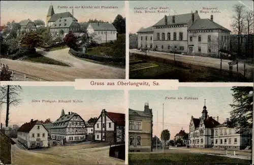 Ak Oberlungwitz in Sachsen, Kirche, Pfarrhaus, Gasthof zur Post, Inh. Bruno Nobis, Altes Postgut