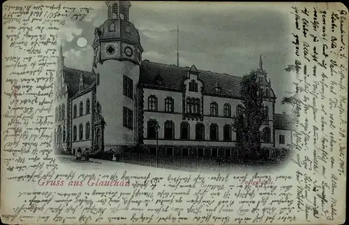 Mondschein Ak Glauchau an der Zwickauer Mulde in Sachsen, Postgebäude