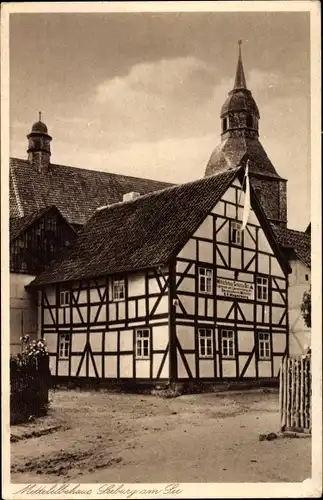 Ak Seeburg Kr. Göttingen Niedersachsen, Mittelelbehaus, Fachwerkhaus, Kirchturm