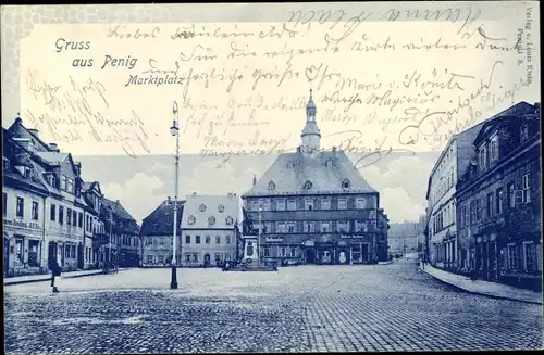 Ak Penig in Sachsen, Marktplatz mit Rathaus, Ratskeller, Denkmal, Geschäftshäuser