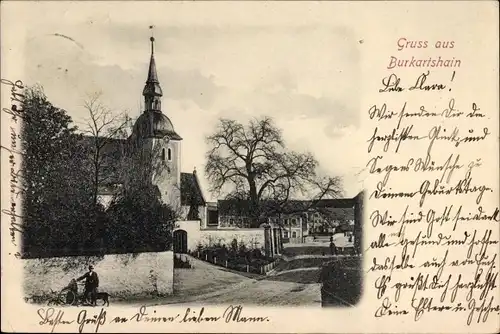 Ak Burkartshain Wurzen in Sachsen, Straßenpartie im Ort, Kirche