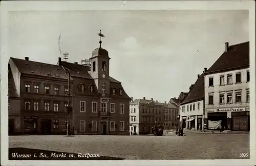 Ak Wurzen in Sachsen, Markt mit Rathaus, Geschäft Hermann Paesler, Gasthof Deutsches Haus