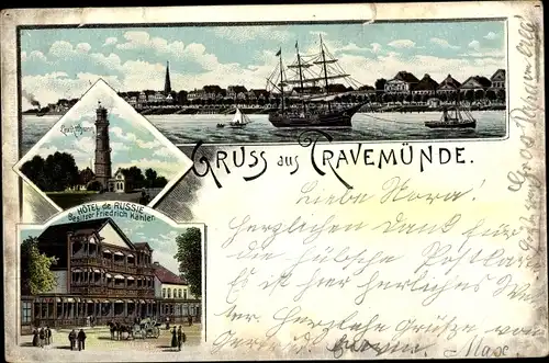 Litho Travemünde Lübeck, Hotel de Russie, Inh. Friedrich Köhler, Leuchtturm, Hafen