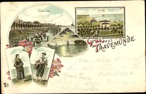 Litho Travemünde Lübeck, Strand, Vorderreihe, Hafeneinfahrt, Fischertrachten