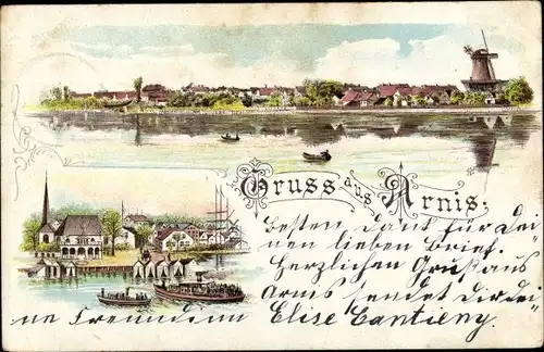 Litho Bad Arnis an der Schlei, Panorama, Windmühle, Kirche, Hafen