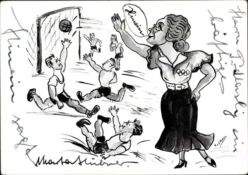 Künstler Ak Olympische Spiele 1936, Komikerin Marta Hübner, Fußballspieler