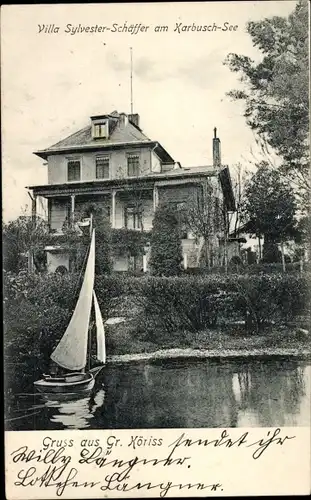 Ak Groß Köris, Villa Sylvester Schäffer am Karbusch-See, Segelboot
