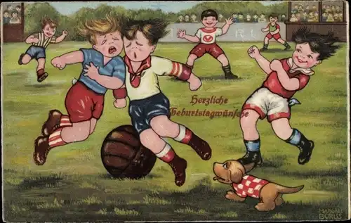 Künstler Ak Boriss, M., Fussballspiel, Zusammenstoß, Hund, Zuschauer