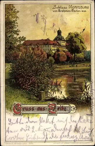 Litho Zeitz in Sachsen Anhalt, Schloss Moritzburg von Brehmes Garten aus